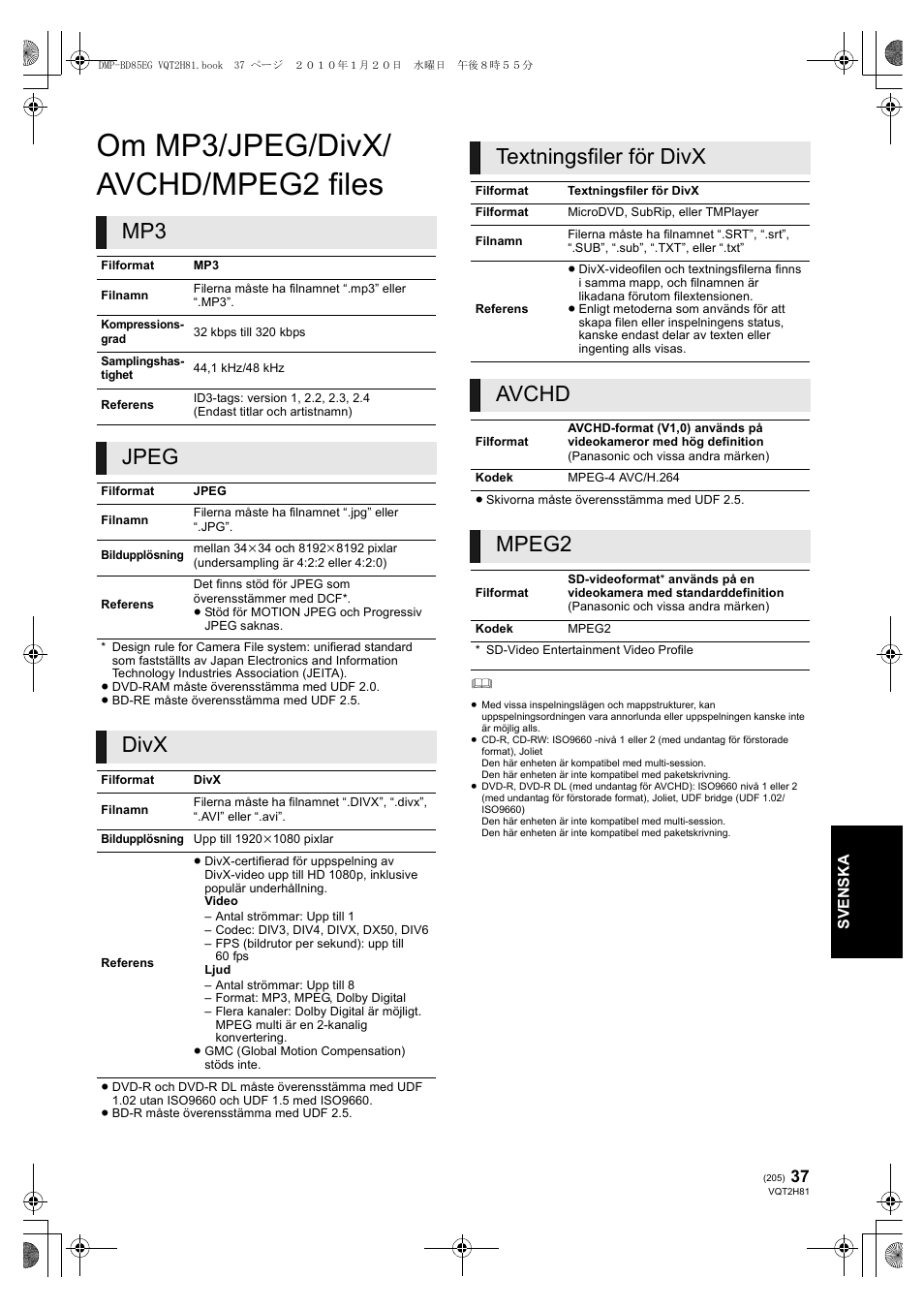 Om mp3/jpeg/divx/ avchd/mpeg2 files, Jpeg, Divx | Textningsfiler för divx, Avchd, Mpeg2 | Panasonic DMPBD85 User Manual | Page 205 / 228