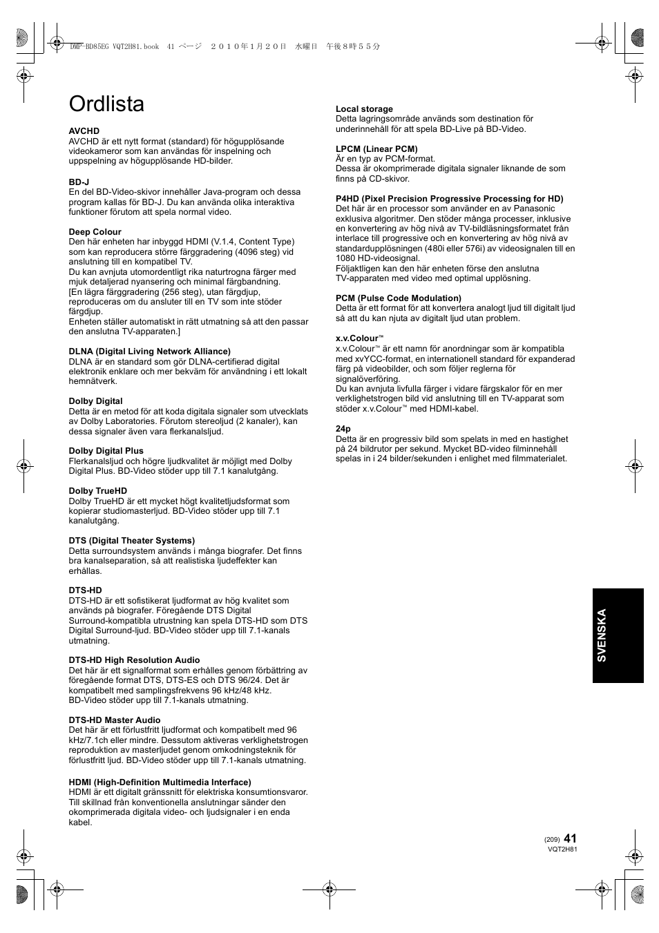 Ordlista | Panasonic DMPBD85 User Manual | Page 209 / 228