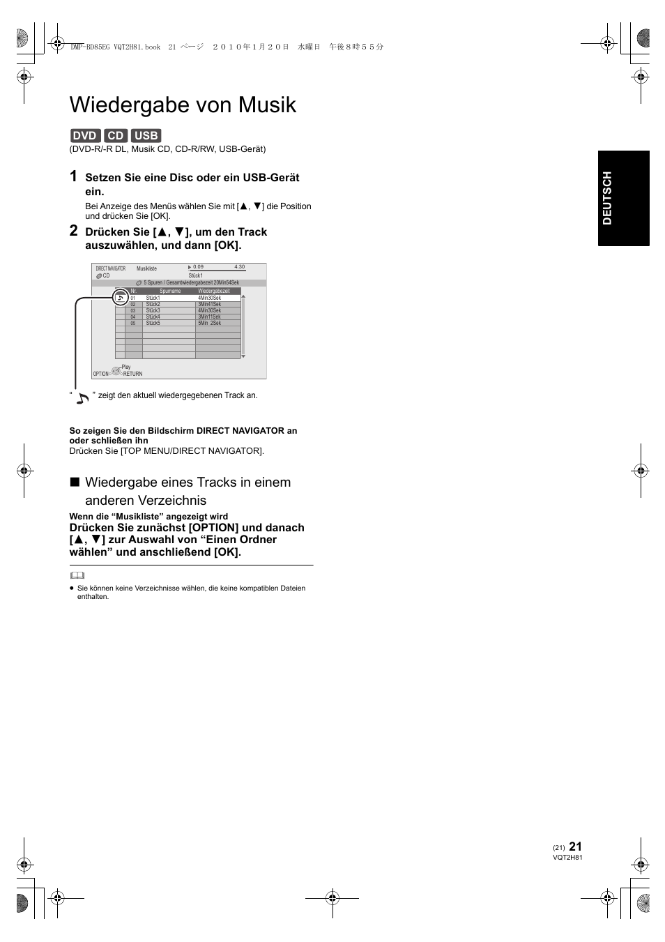 Wiedergabe von musik, Dvd cd usb | Panasonic DMPBD85 User Manual | Page 21 / 228