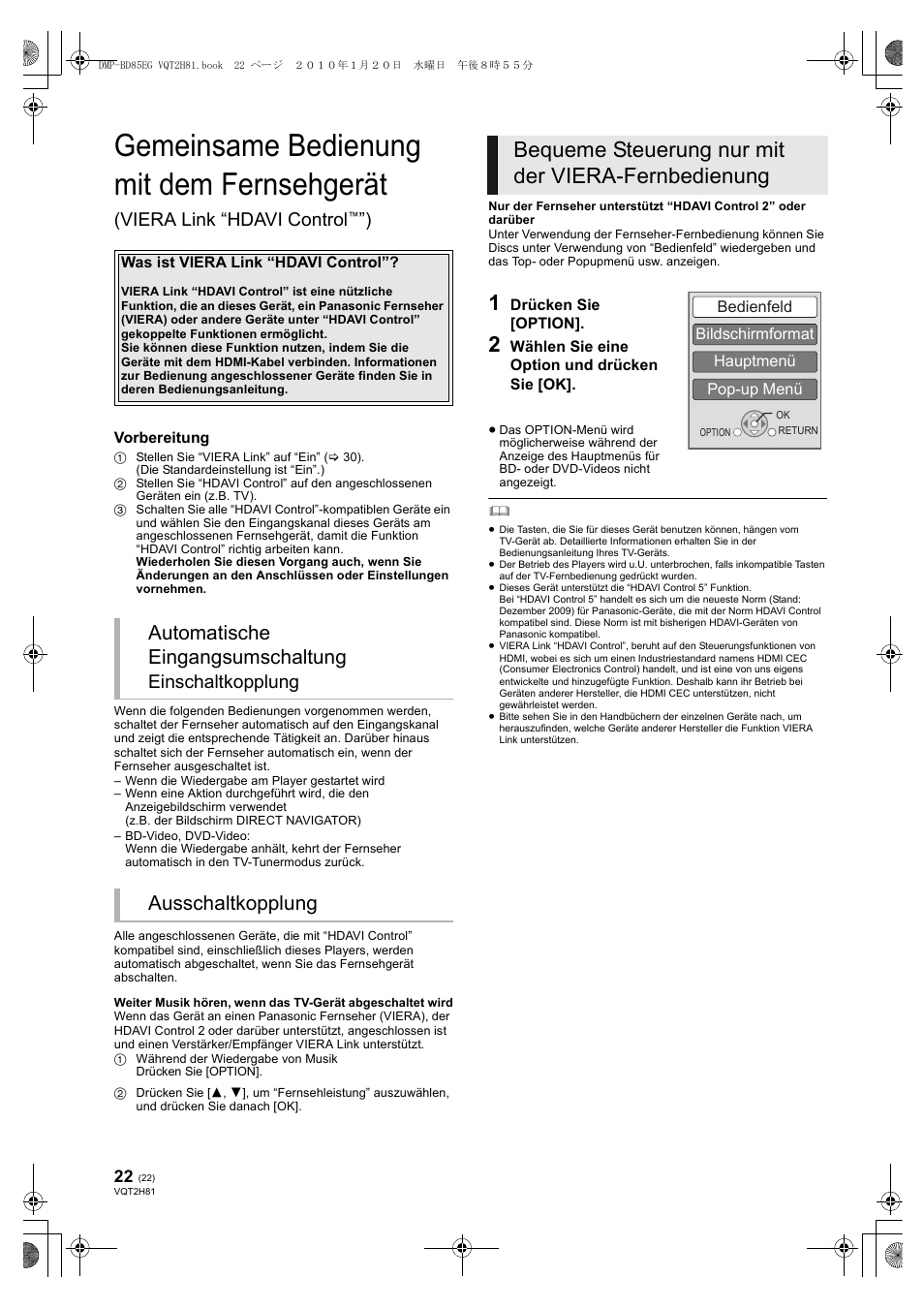 Gemeinsame bedienung mit dem fernsehgerät, Bequeme steuerung nur mit der viera-fernbedienung, Automatische eingangsumschaltung | Ausschaltkopplung, Viera link “hdavi control, Einschaltkopplung | Panasonic DMPBD85 User Manual | Page 22 / 228