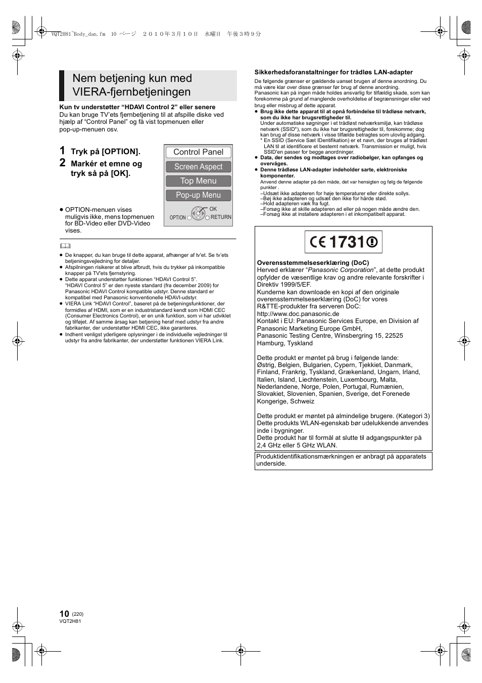 Nem betjening kun med viera-fjernbetjeningen, Control panel screen aspect top menu pop-up menu | Panasonic DMPBD85 User Manual | Page 220 / 228