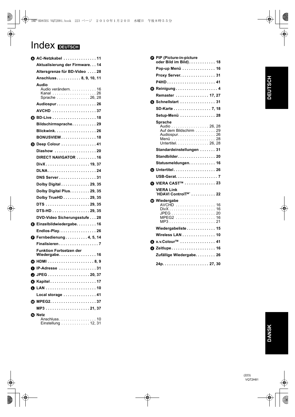 Index | Panasonic DMPBD85 User Manual | Page 223 / 228