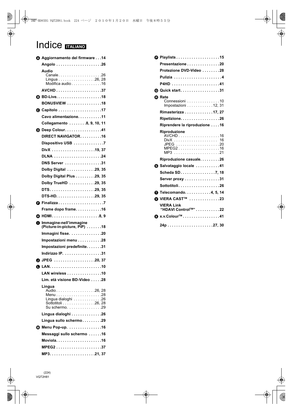 Indice | Panasonic DMPBD85 User Manual | Page 224 / 228