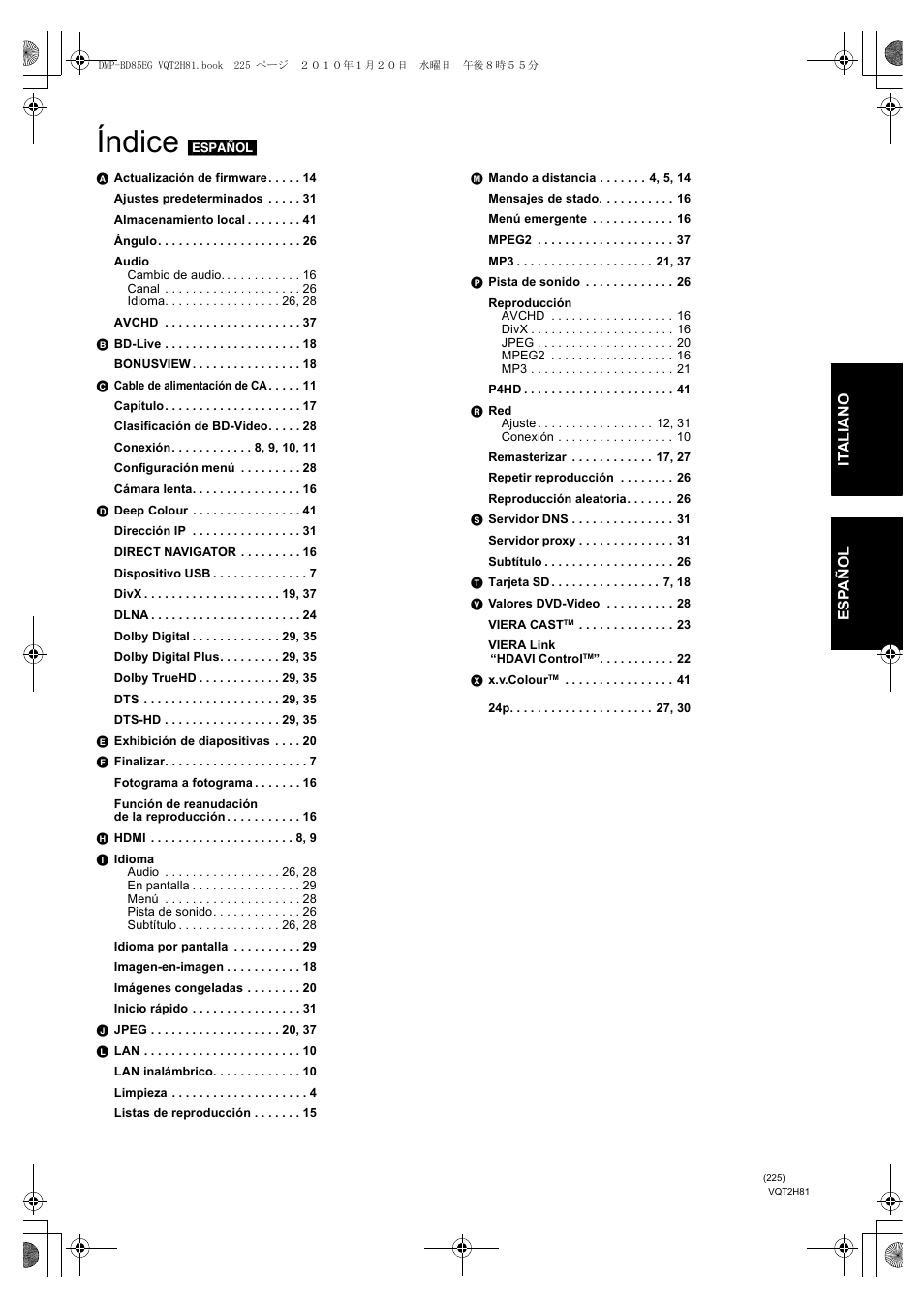 Índice | Panasonic DMPBD85 User Manual | Page 225 / 228