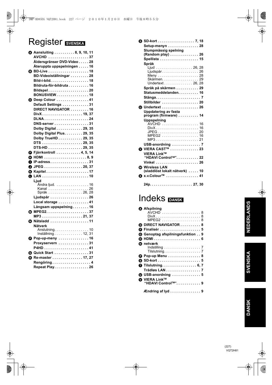 Register, Indeks | Panasonic DMPBD85 User Manual | Page 227 / 228