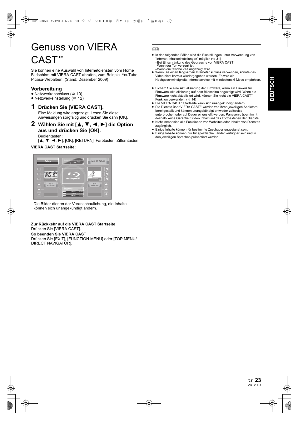 Genuss von viera cast, Vorbereitung, Drücken sie [viera cast | Panasonic DMPBD85 User Manual | Page 23 / 228