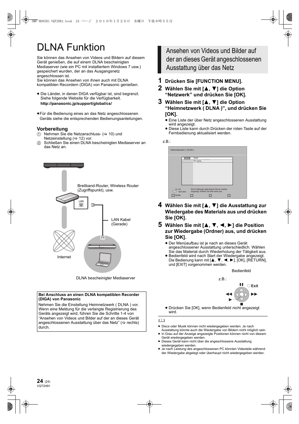 Dlna funktion | Panasonic DMPBD85 User Manual | Page 24 / 228