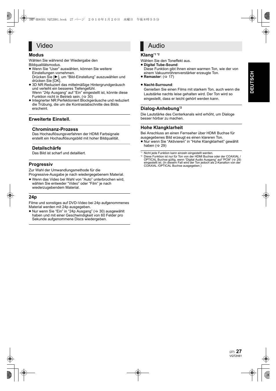 Video, Audio | Panasonic DMPBD85 User Manual | Page 27 / 228