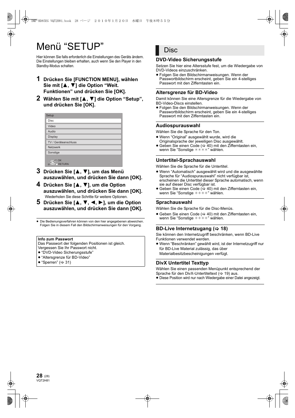 Menü “setup, Disc | Panasonic DMPBD85 User Manual | Page 28 / 228