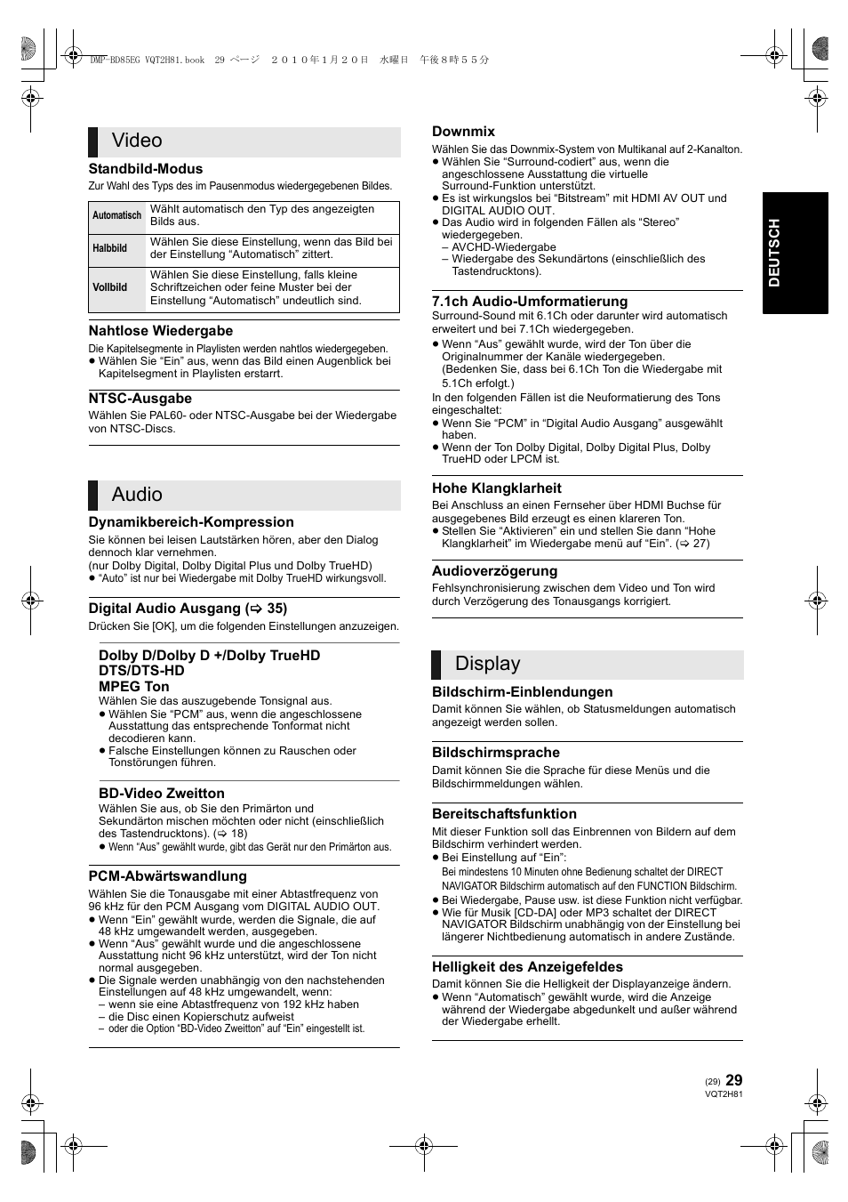 Video, Audio, Display | Panasonic DMPBD85 User Manual | Page 29 / 228