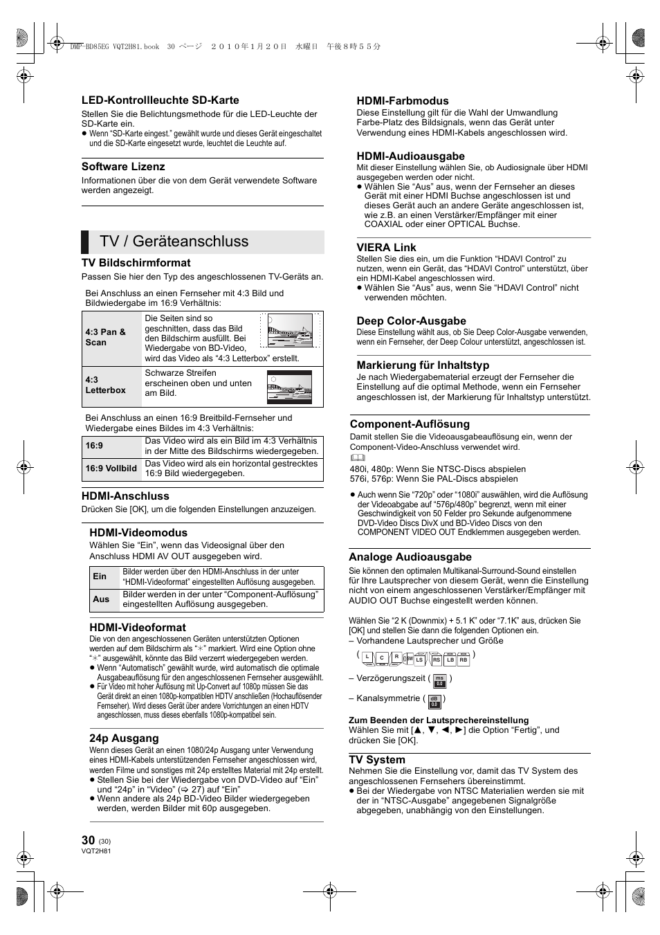 Tv / geräteanschluss | Panasonic DMPBD85 User Manual | Page 30 / 228