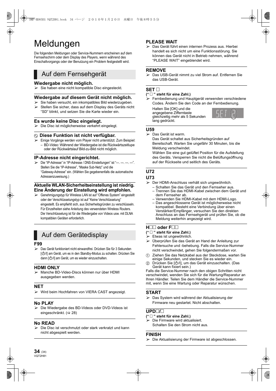 Meldungen, Auf dem fernsehgerät auf dem gerätedisplay | Panasonic DMPBD85 User Manual | Page 34 / 228