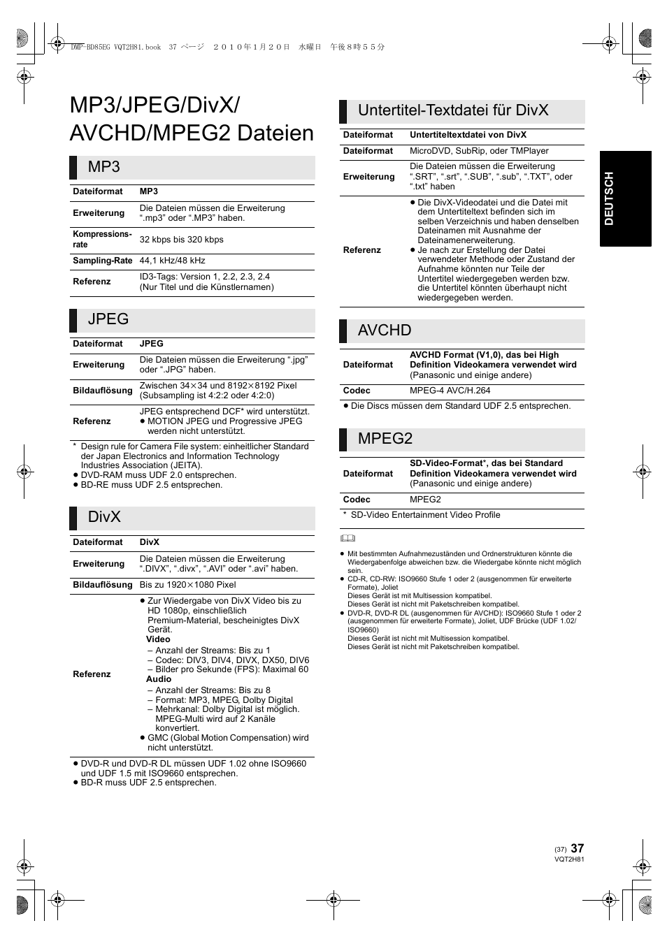 Mp3/jpeg/divx/ avchd/mpeg2 dateien, Jpeg, Divx | Untertitel-textdatei für divx, Avchd, Mpeg2 | Panasonic DMPBD85 User Manual | Page 37 / 228