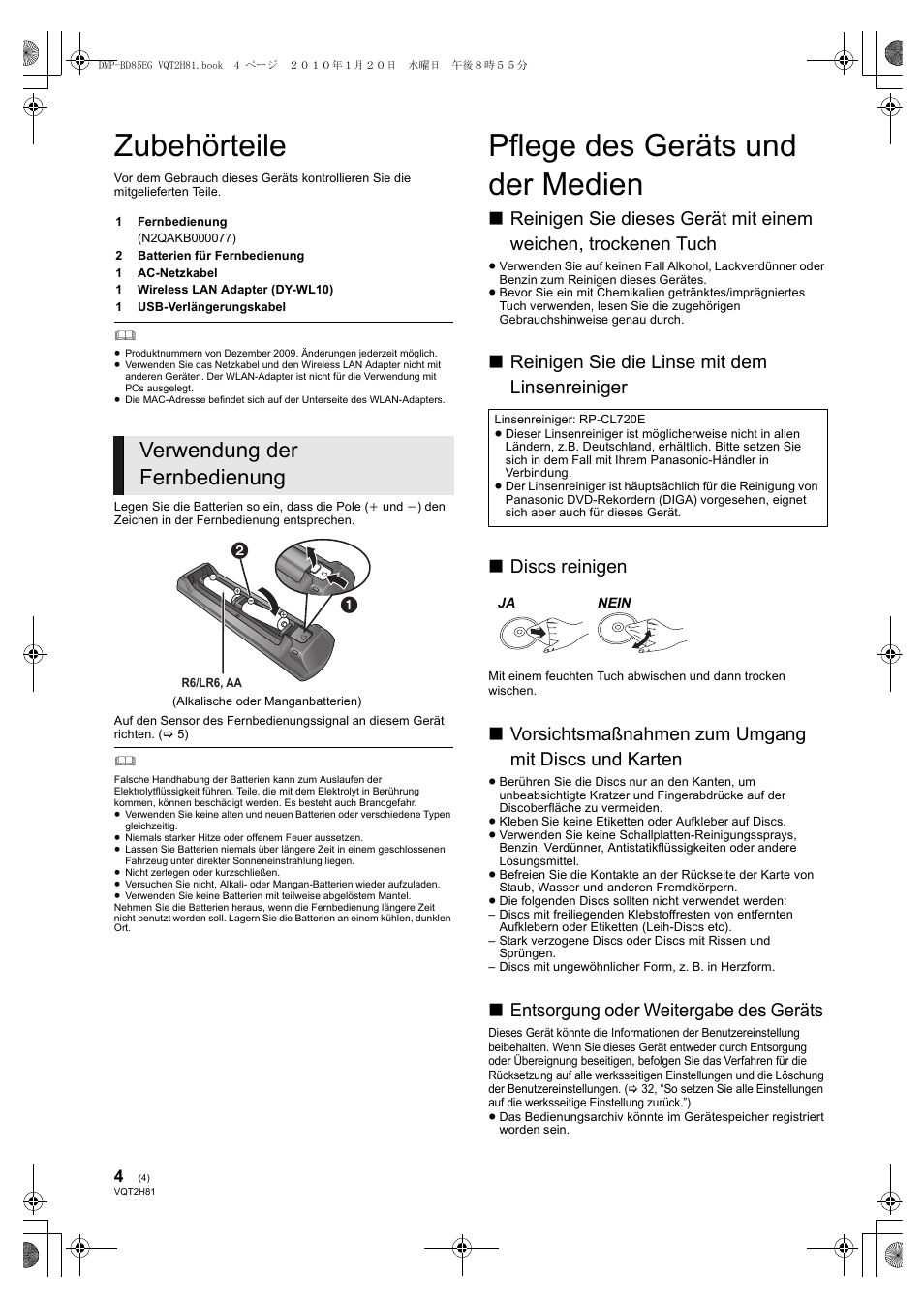 Zubehörteile, Pflege des geräts und der medien, Verwendung der fernbedienung | Vorsichtsmaßnahmen zum umgang mit discs und karten, Entsorgung oder weitergabe des geräts | Panasonic DMPBD85 User Manual | Page 4 / 228