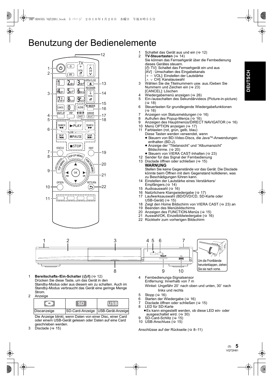 Benutzung der bedienelemente | Panasonic DMPBD85 User Manual | Page 5 / 228