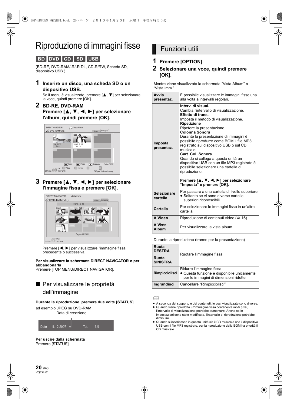 Riproduzione di immagini fisse, Funzioni utili, Per visualizzare le proprietà dell’immagine | Bd dvd cd sd usb, Premere [option, Selezionare una voce, quindi premere [ok | Panasonic DMPBD85 User Manual | Page 62 / 228