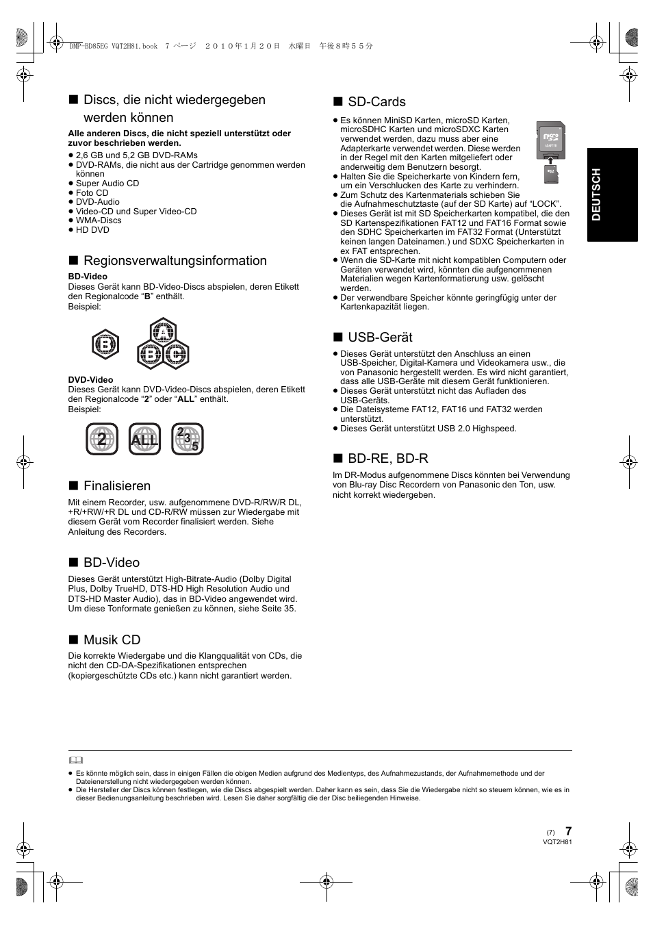 Discs, die nicht wiedergegeben werden können, Regionsverwaltungsinformation, Finalisieren | Bd-video, Musik cd, Sd-cards, Usb-gerät, Bd-re, bd-r | Panasonic DMPBD85 User Manual | Page 7 / 228