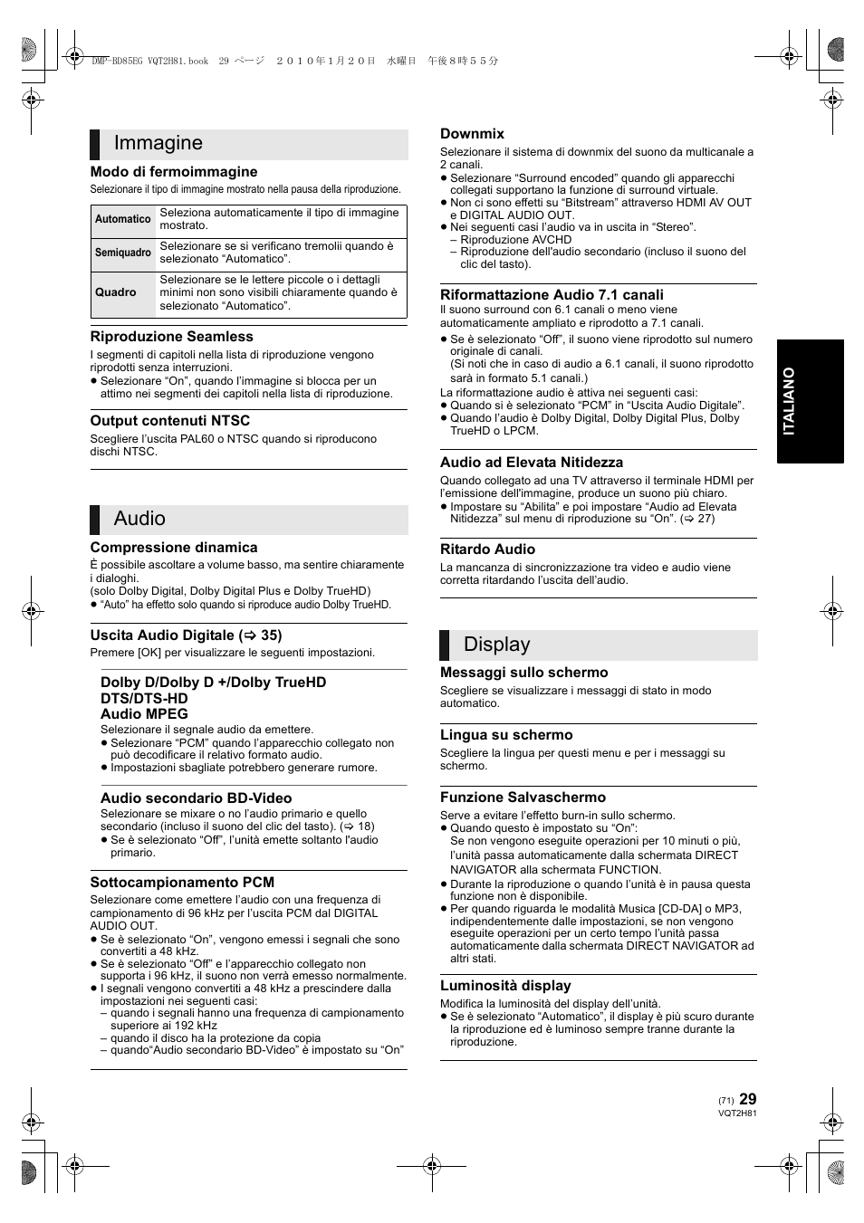 Immagine, Audio, Display | Panasonic DMPBD85 User Manual | Page 71 / 228