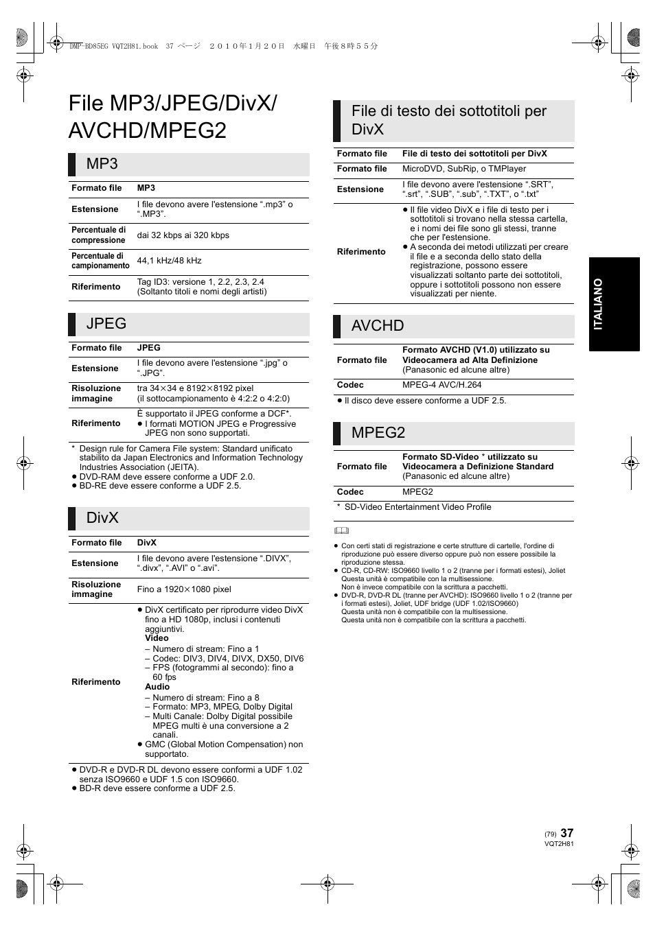 File mp3/jpeg/divx/ avchd/mpeg2, Jpeg, Divx | File di testo dei sottotitoli per divx, Avchd, Mpeg2 | Panasonic DMPBD85 User Manual | Page 79 / 228