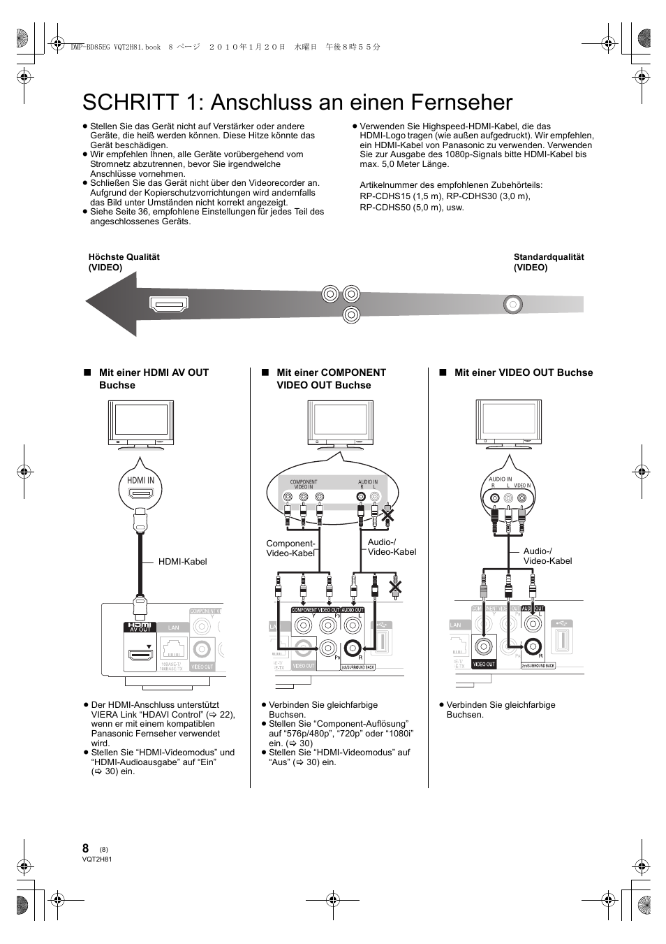 Schritt 1: anschluss an einen fernseher | Panasonic DMPBD85 User Manual | Page 8 / 228