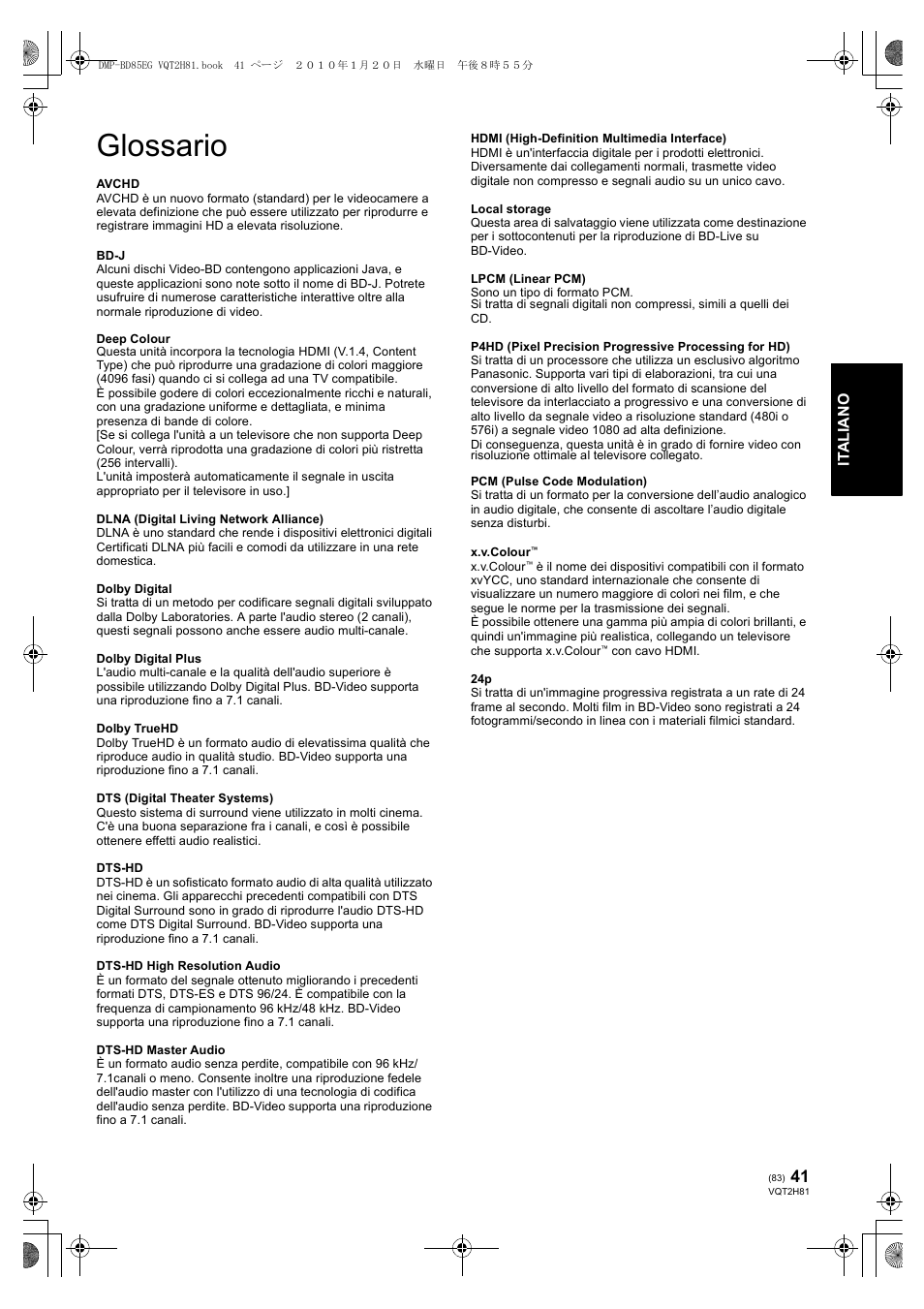 Glossario | Panasonic DMPBD85 User Manual | Page 83 / 228