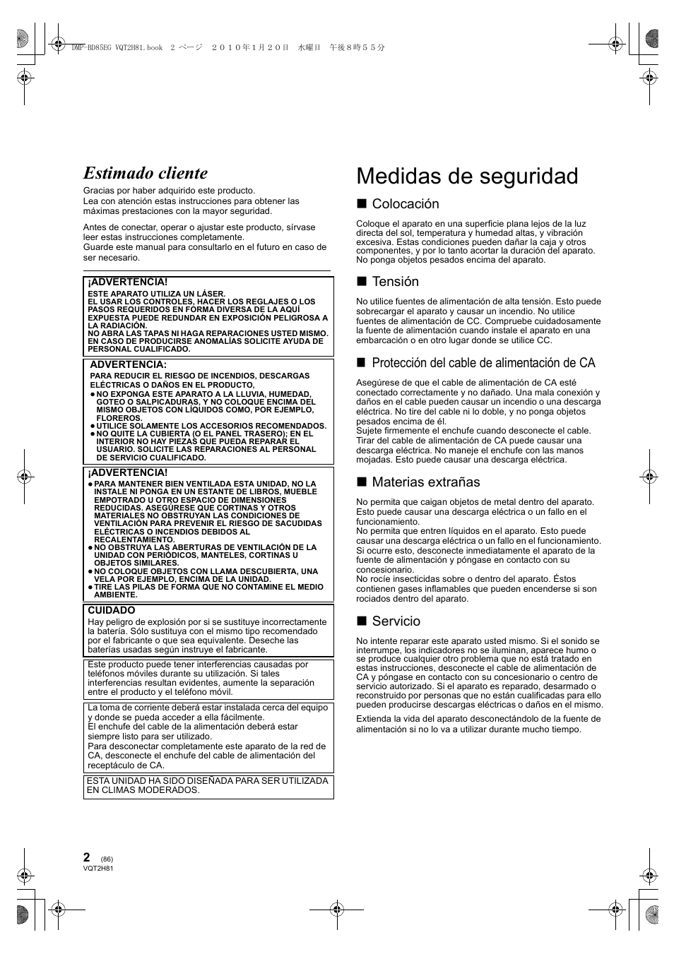 Medidas de seguridad, Estimado cliente, Colocación | Tensión, Protección del cable de alimentación de ca, Materias extrañas, Servicio | Panasonic DMPBD85 User Manual | Page 86 / 228