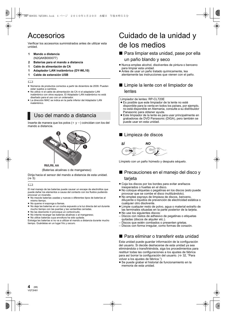 Accesorios, Cuidado de la unidad y de los medios, Uso del mando a distancia | Precauciones en el manejo del disco y tarjeta, Para eliminar o transferir esta unidad | Panasonic DMPBD85 User Manual | Page 88 / 228