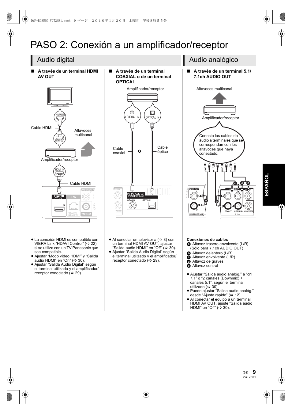 Paso 2: conexión a un amplificador/receptor, Audio digital audio analógico | Panasonic DMPBD85 User Manual | Page 93 / 228