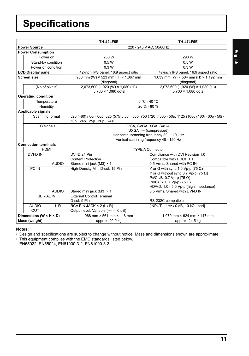 Specifi cations | Panasonic TH42LF5E User Manual | Page 11 / 48