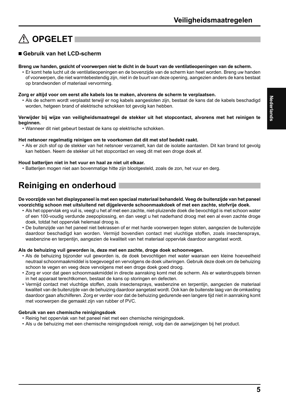 Opgelet, Reiniging en onderhoud, Veiligheidsmaatregelen | Panasonic TH42LF5E User Manual | Page 17 / 48