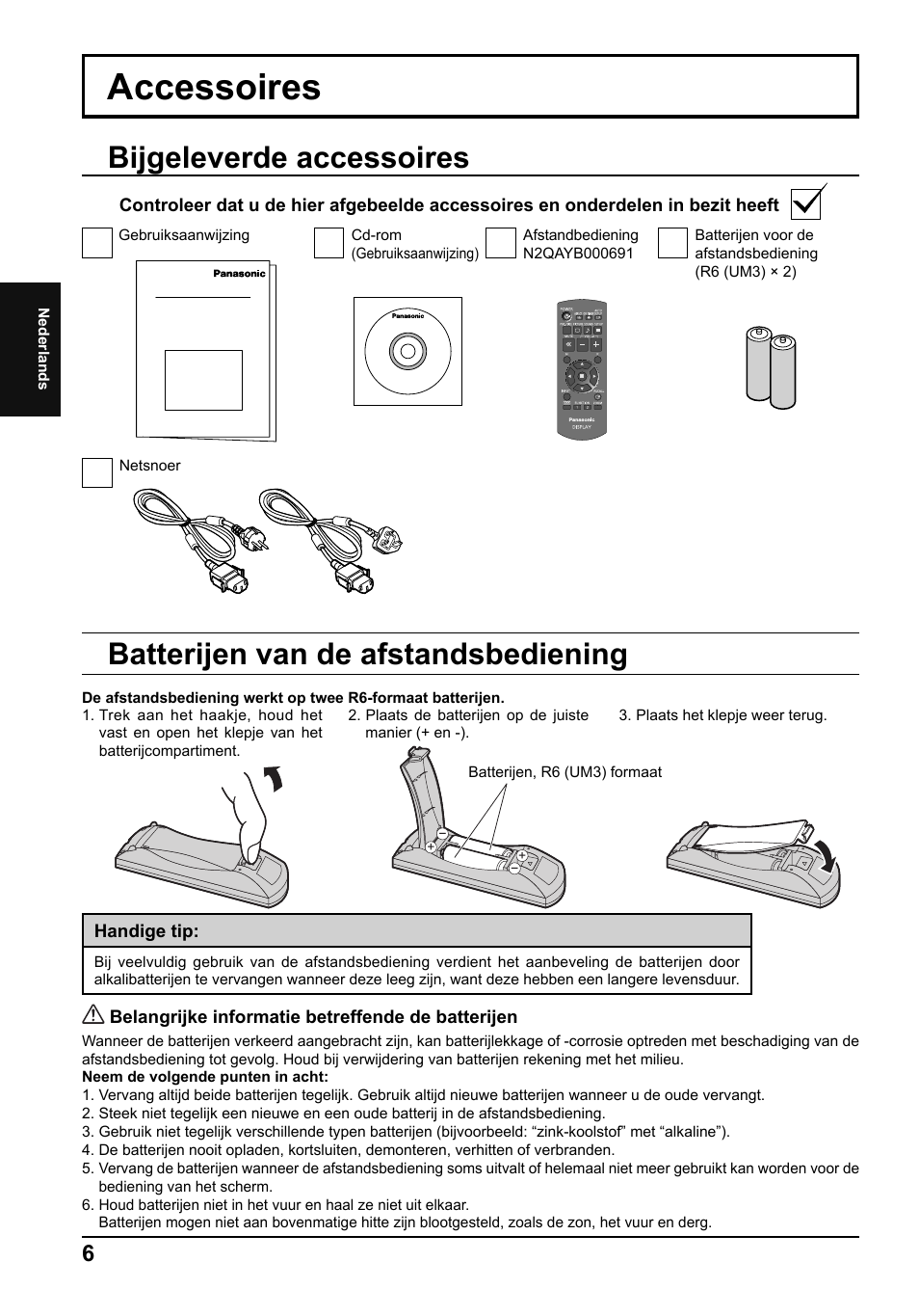 Accessoires, Bijgeleverde accessoires, Batterijen van de afstandsbediening | Panasonic TH42LF5E User Manual | Page 18 / 48