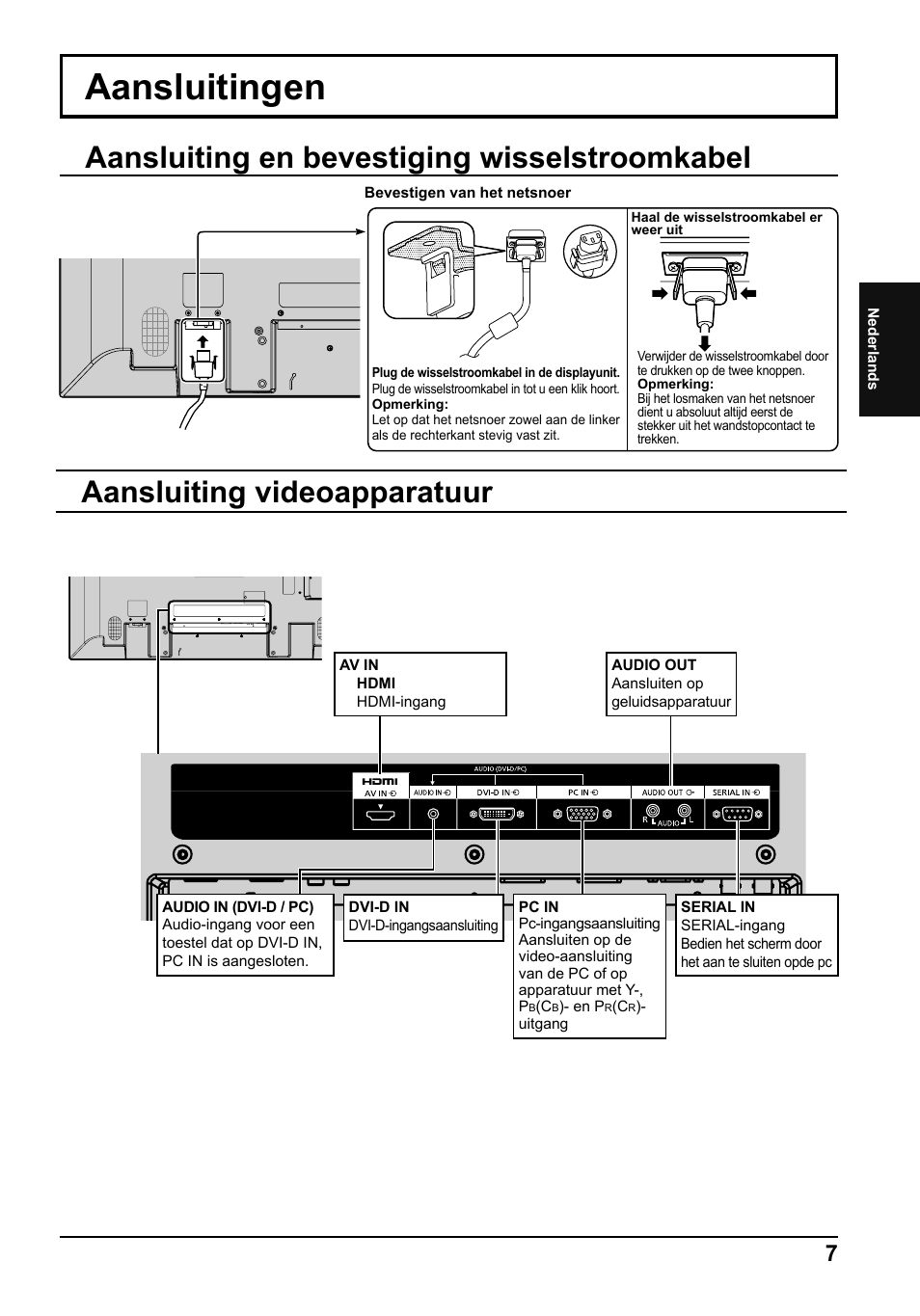 Aansluitingen, Aansluiting en bevestiging wisselstroomkabel, Aansluiting videoapparatuur | Panasonic TH42LF5E User Manual | Page 19 / 48