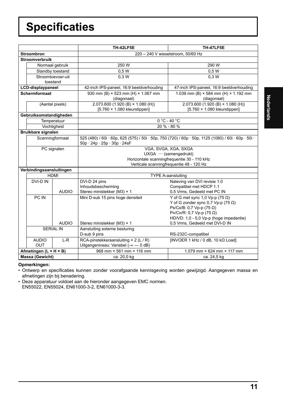 Specifi caties | Panasonic TH42LF5E User Manual | Page 23 / 48