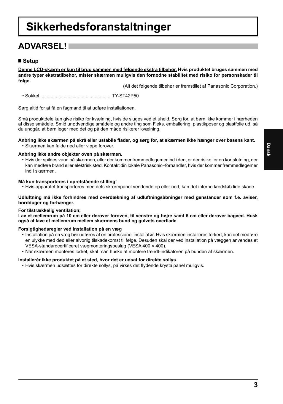 Sikkerhedsforanstaltninger, Advarsel | Panasonic TH42LF5E User Manual | Page 27 / 48