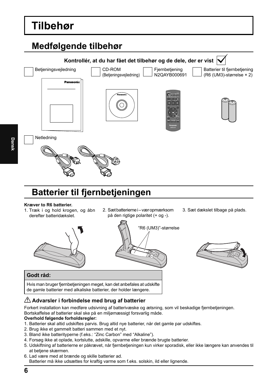 Tilbehør, Medfølgende tilbehør, Batterier til fjernbetjeningen | Panasonic TH42LF5E User Manual | Page 30 / 48