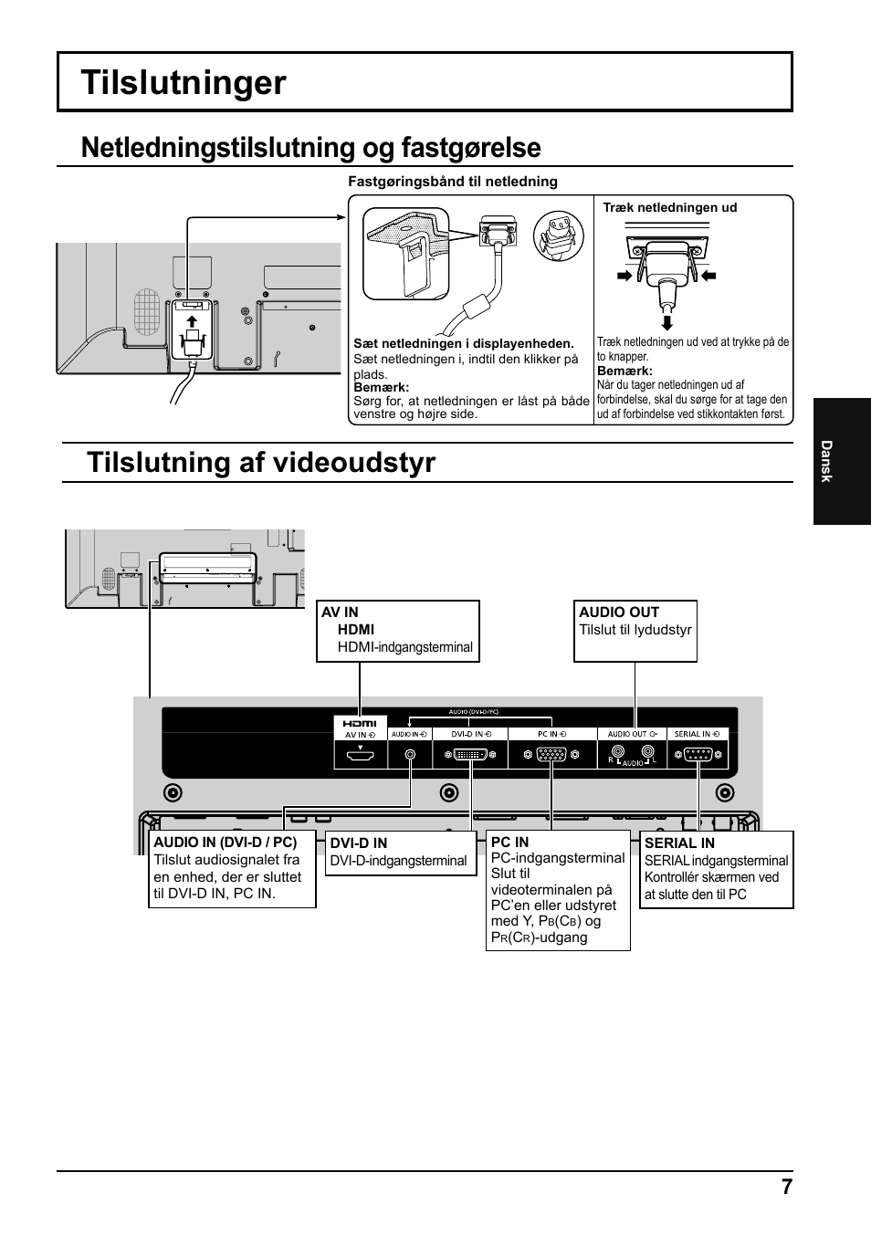 Tilslutninger, Netledningstilslutning og fastgørelse, Tilslutning af videoudstyr | Panasonic TH42LF5E User Manual | Page 31 / 48