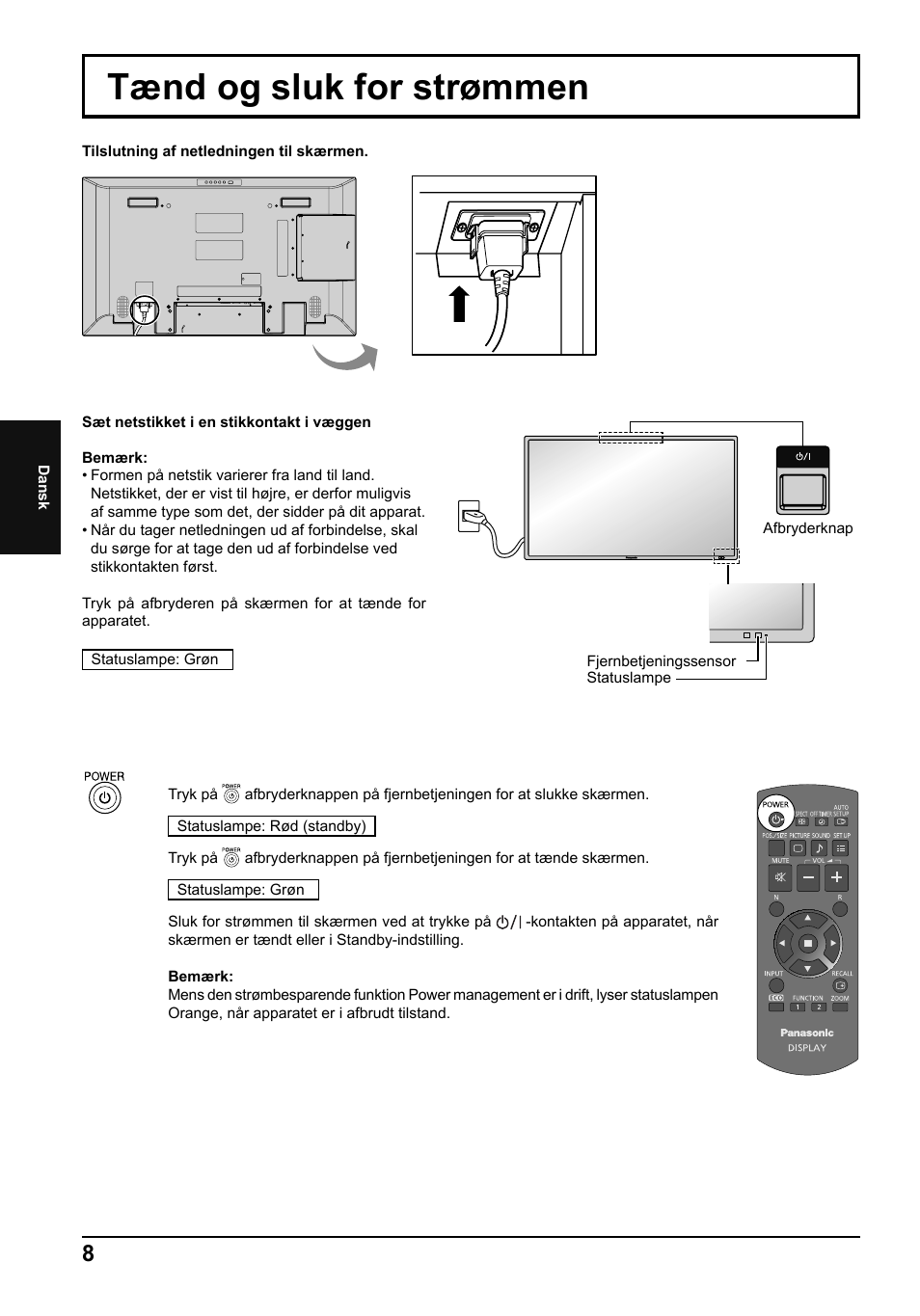 Tænd og sluk for strømmen | Panasonic TH42LF5E User Manual | Page 32 / 48