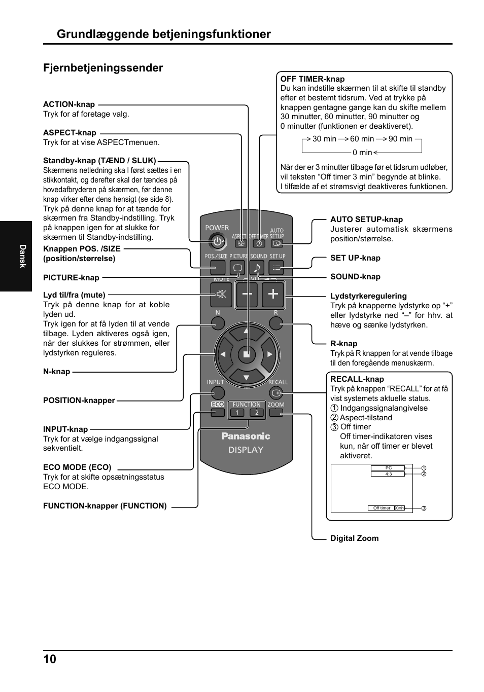 Grundlæggende betjeningsfunktioner, Fjernbetjeningssender | Panasonic TH42LF5E User Manual | Page 34 / 48