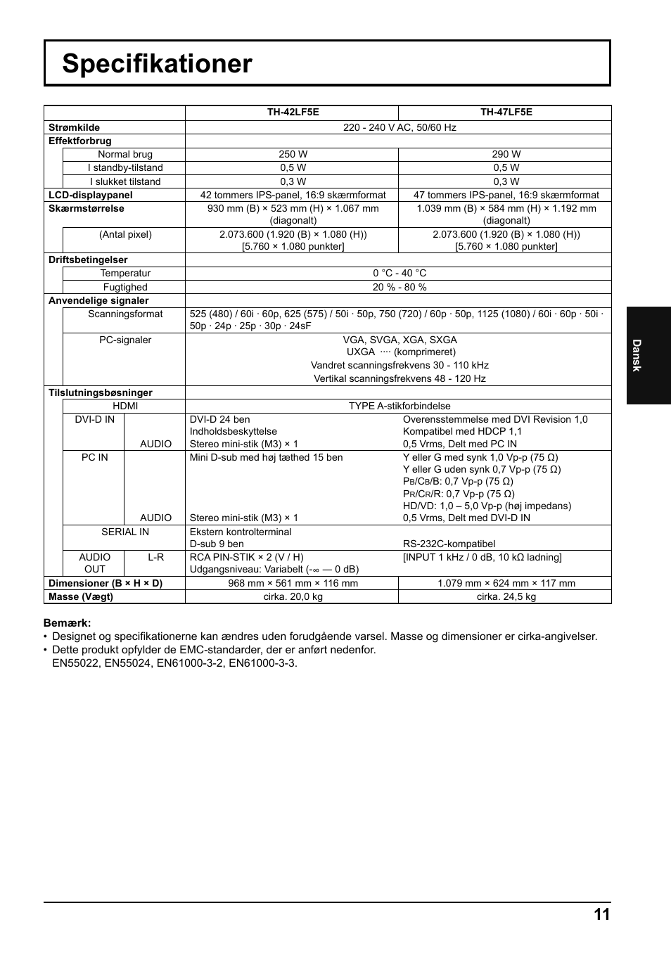 Specifi kationer | Panasonic TH42LF5E User Manual | Page 35 / 48