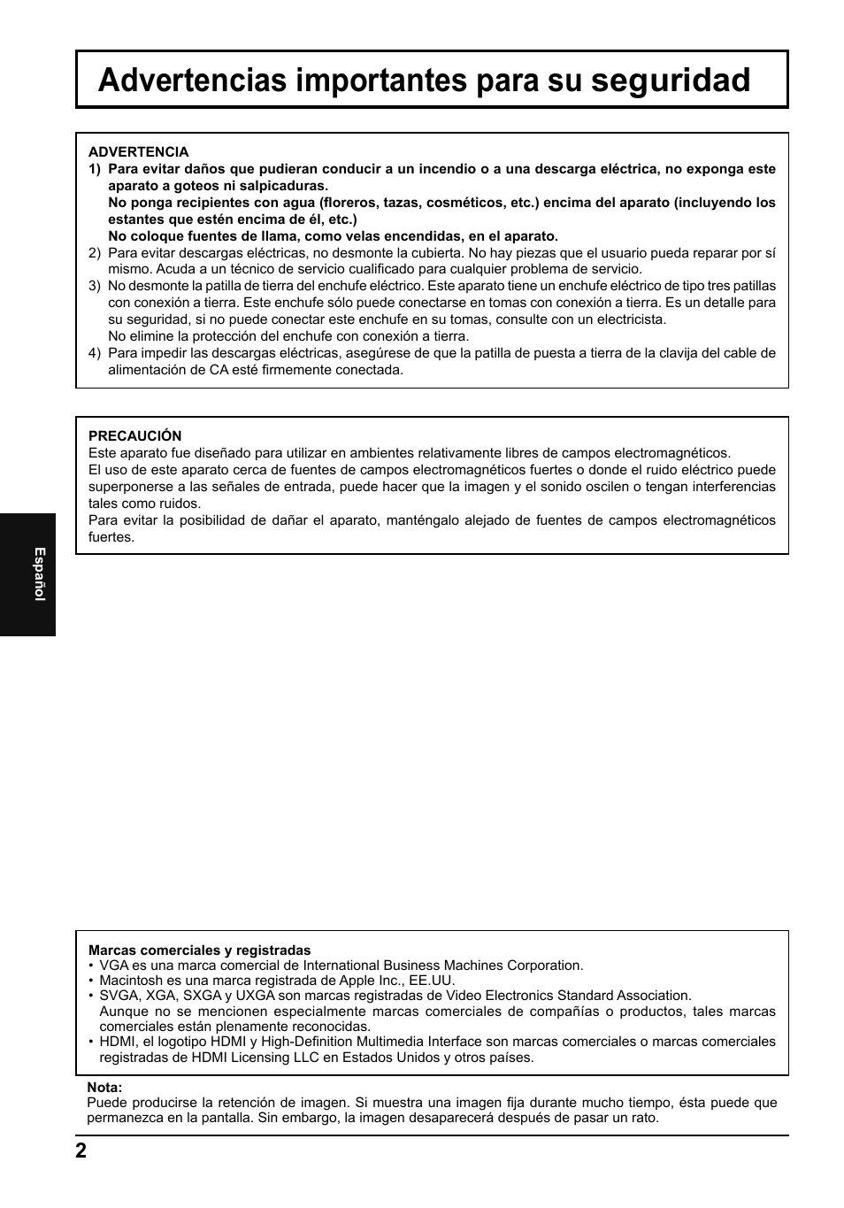 Advertencias importantes para su seguridad | Panasonic TH42LF5E User Manual | Page 38 / 48