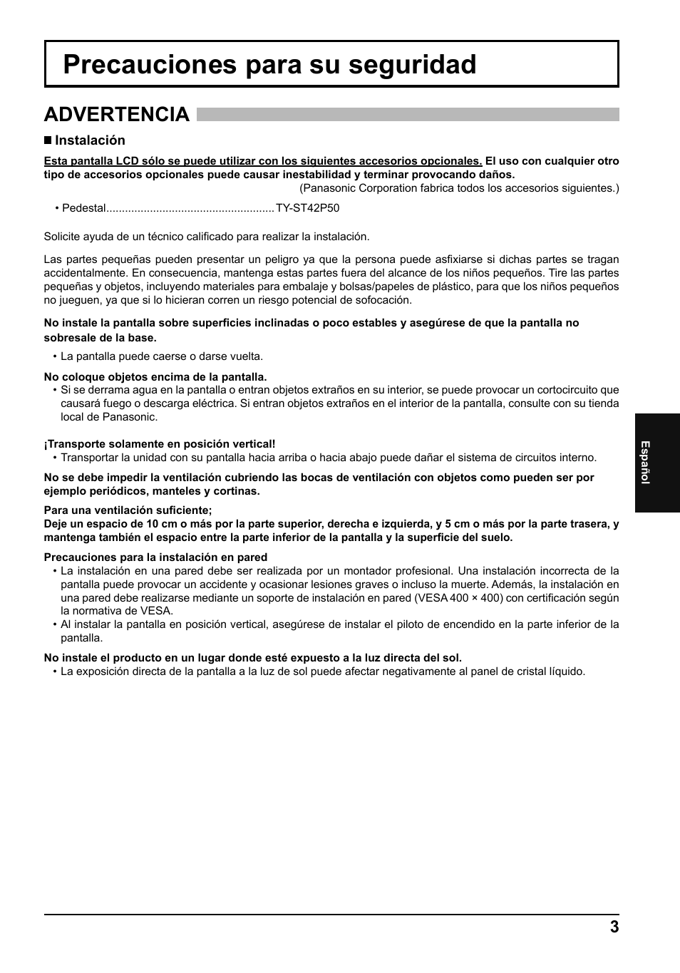 Precauciones para su seguridad, Advertencia | Panasonic TH42LF5E User Manual | Page 39 / 48