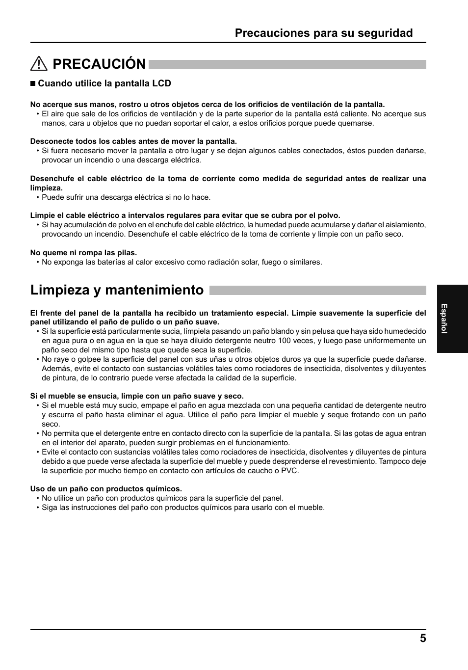 Precaución, Limpieza y mantenimiento, Precauciones para su seguridad | Panasonic TH42LF5E User Manual | Page 41 / 48