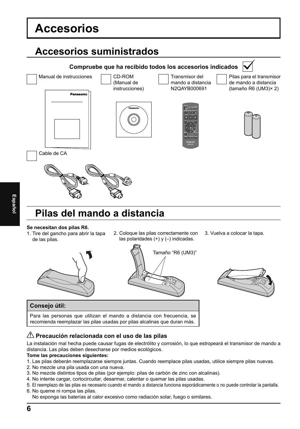 Accesorios, Accesorios suministrados, Pilas del mando a distancia | Panasonic TH42LF5E User Manual | Page 42 / 48