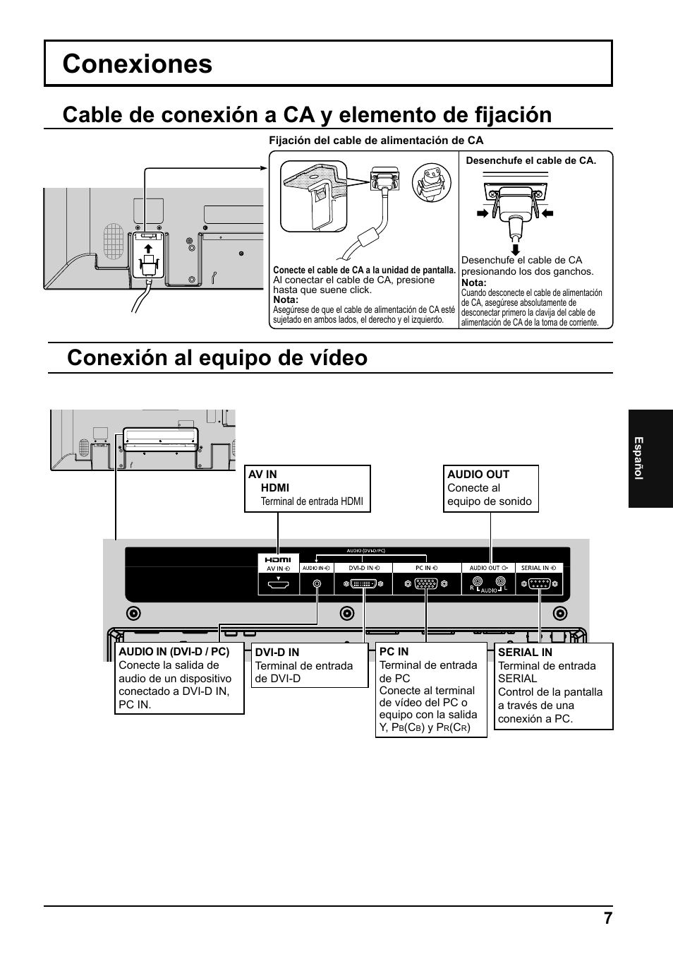 Conexiones, Conexión al equipo de vídeo, Cable de conexión a ca y elemento de fi jación | Panasonic TH42LF5E User Manual | Page 43 / 48