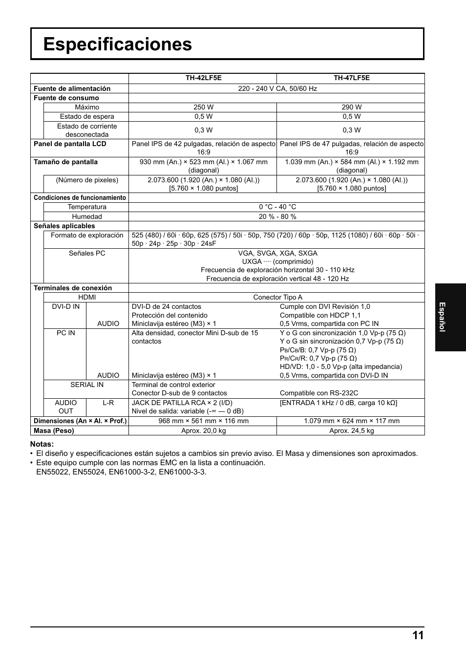 Especifi caciones | Panasonic TH42LF5E User Manual | Page 47 / 48