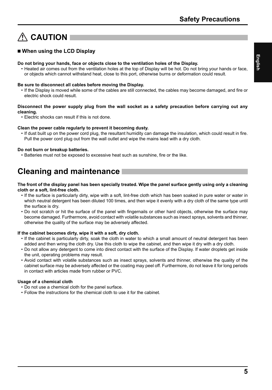 Caution, Cleaning and maintenance, Safety precautions | Panasonic TH42LF5E User Manual | Page 5 / 48