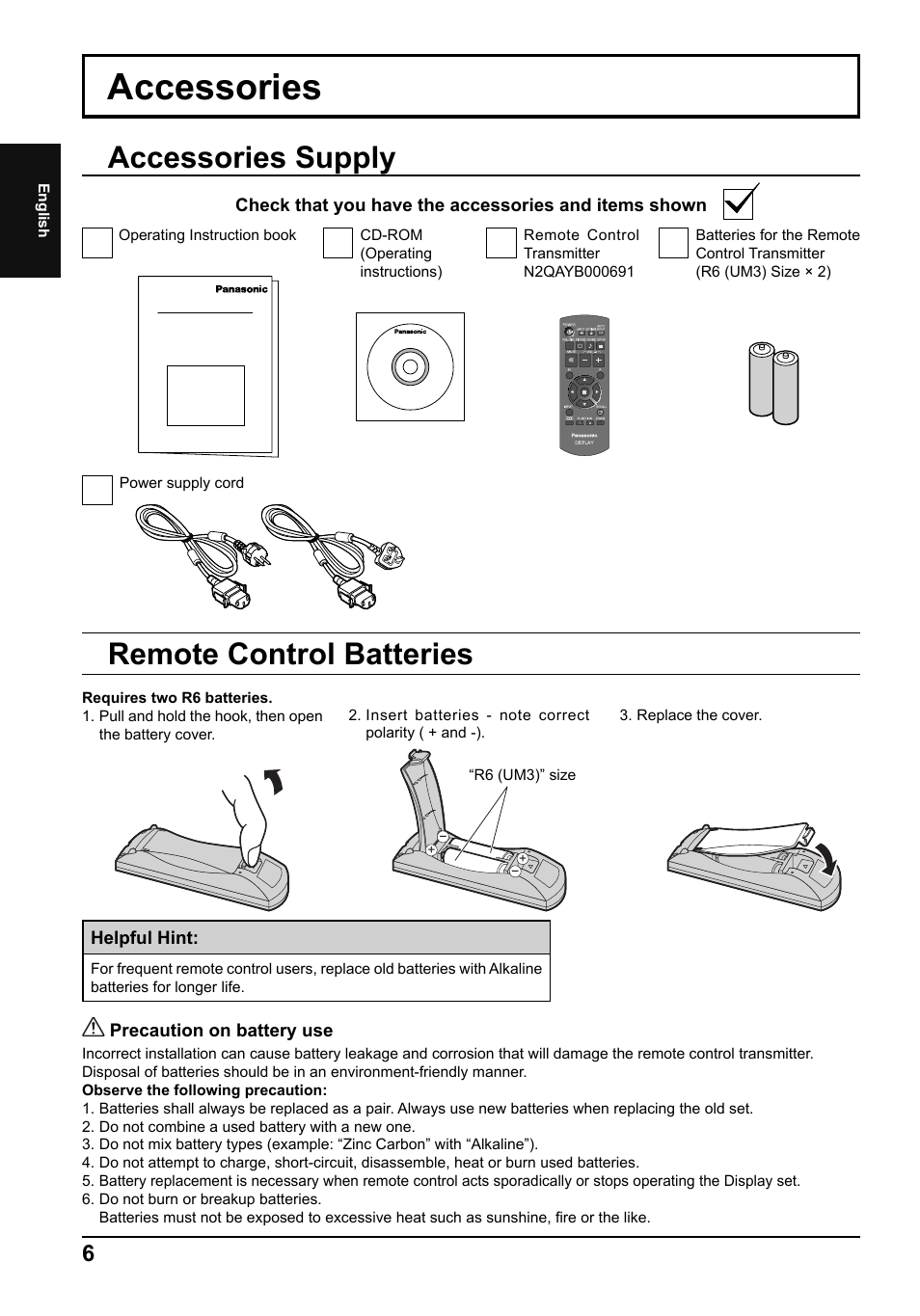 Accessories, Accessories supply, Remote control batteries | Panasonic TH42LF5E User Manual | Page 6 / 48