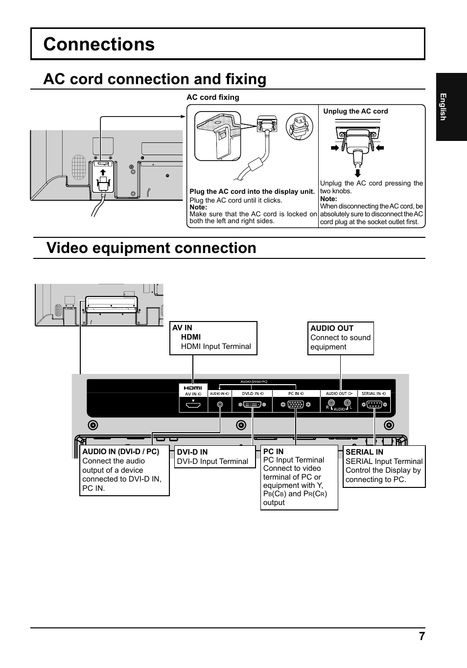 Connections, Video equipment connection, Ac cord connection and fi xing | Panasonic TH42LF5E User Manual | Page 7 / 48