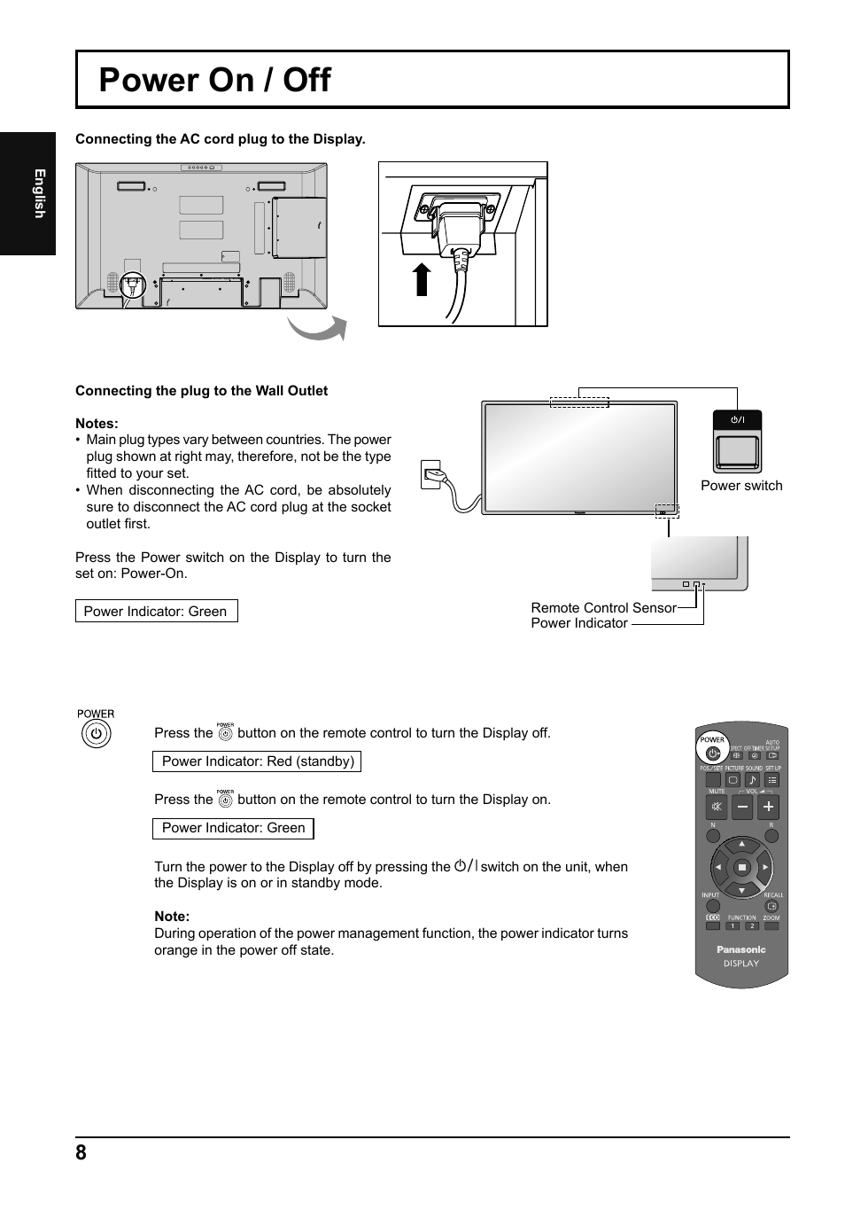 Power on / off | Panasonic TH42LF5E User Manual | Page 8 / 48