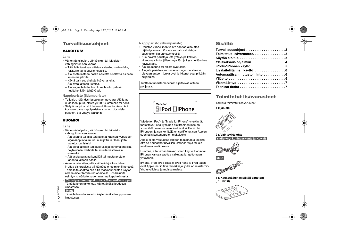 Gt07_fi, Turvallisuusohjeet, Sisältö | Toimitetut lisävarusteet | Panasonic SCGT07E User Manual | Page 10 / 36